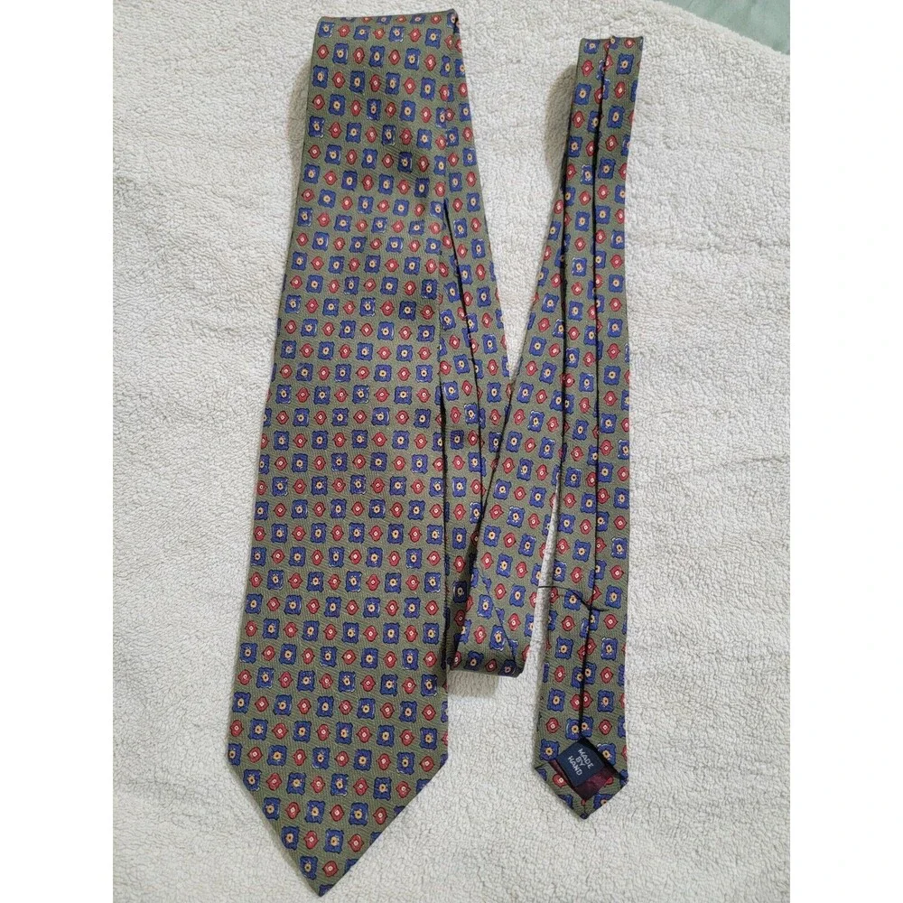 VTG 90s‎ Polo Ralph Lauren green foulard geometric 100% silk hand made tie USA